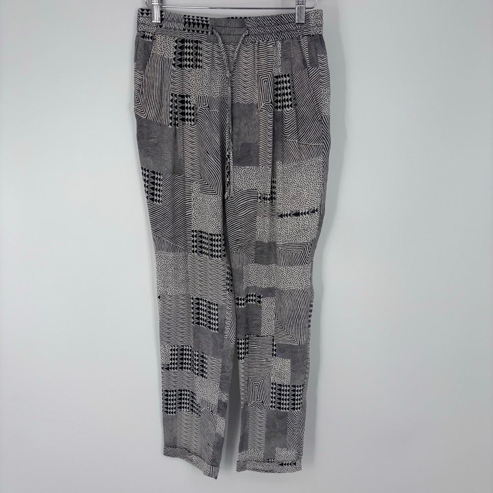 Massimo Dutti 100% Mulberry Silk Patchwork Geometric Trousers Sz 2 Black White
